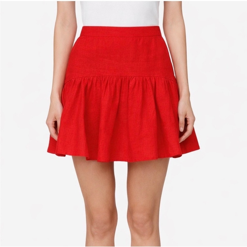 Avec Les Filles Mini Skirt Womens 12‎ Red Linen Blend Ruffle Hem Summer Casual